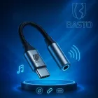 Cabo Adaptador USB-C para P2 trançado preto, conectores prata BASTO.