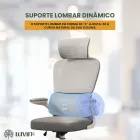 Cadeira Escritório Ergonômica Genebra cinza, suporte lombar azul com setas.