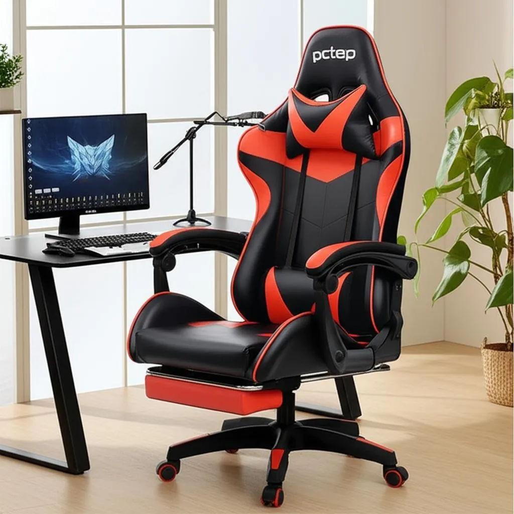 Cadeira Gamer Pctop Racer preta e vermelha com estofado de couro sintético e apoio de pés.