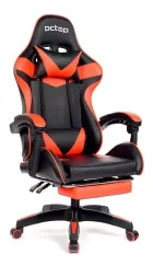 Cadeira Gamer Pctop Racer preta e vermelha com estofado de couro sintético e apoio de pés.