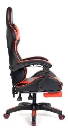 Cadeira Gamer preta e vermelha com estofado de couro sintético e apoio de pés