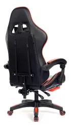 Cadeira Gamer preta e vermelha, vista traseira, com estofado, alças e base de rodas