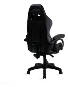 Cadeira Gamer preta, vista traseira, com encosto alto e base de rodinhas.