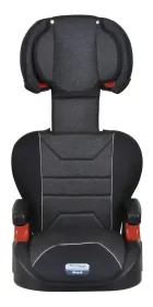 Cadeira infantil para carro preta mesclada com detalhes vermelhos e costura branca.