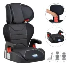 Cadeira infantil para carro preta mesclada com encosto ajustável e assento elevatório.