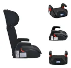 Cadeira infantil para carro preta com encosto e base booster, detalhes vermelhos.