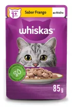 Pouch roxo Whiskas Pedaços Frango ao Molho, gato cinza e comida úmida