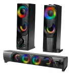 Caixas de som gamer e soundbar pretas com LEDs RGB coloridos