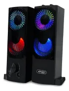 Duas caixas de som gamer pretas com luzes LED RGB coloridas