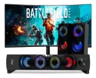 Caixa de som gamer preta com LEDs RGB coloridos, soundbar e monitor curvo.