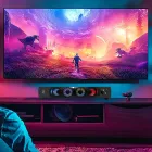 Caixa De Som Gamer preta com luzes RGB sob TV com jogo.