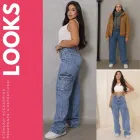 Calça cargo feminina jeans azul claro wide leg em três looks com modelos.