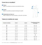 Tabela de medidas e guia para calça jeans masculina, com desenho ilustrativo.