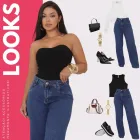 Mulher em calça jeans wide leg azul, com dois looks adicionais.