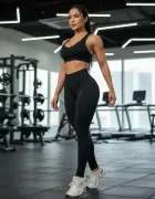 Calça legging preta em mulher na academia com top preto