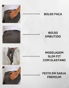 Calça Masculina Sarja cinza com bolso faca, bolso embutido e modelagem slim.