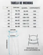 Tabela de medidas da Calça Masculina Sarja com números e desenhos de calça e corpo.