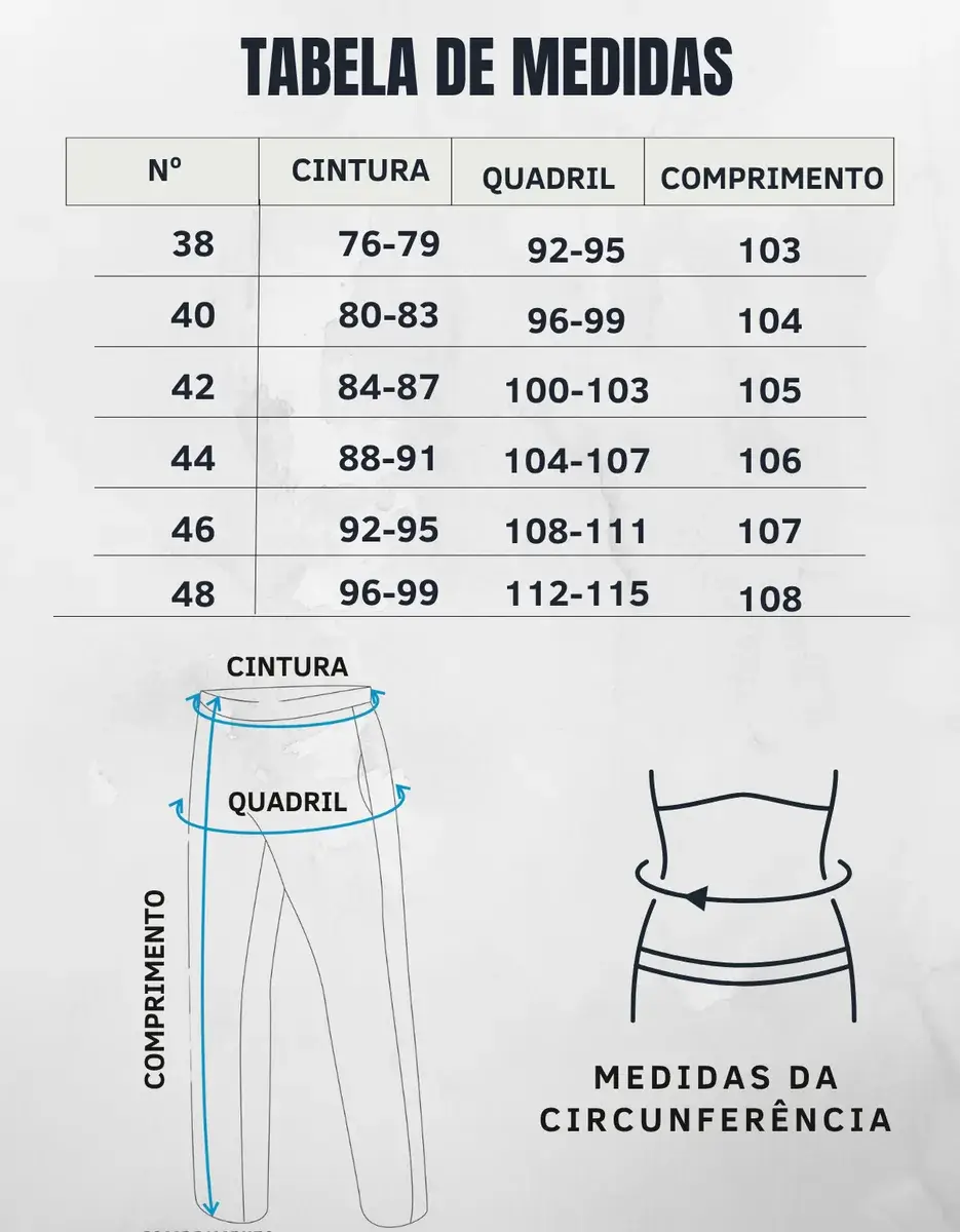 Tabela de medidas calça sarja