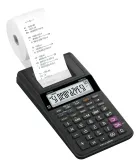 Calculadora de mesa preta com bobina de impressão branca e teclas roxas, exibindo números.