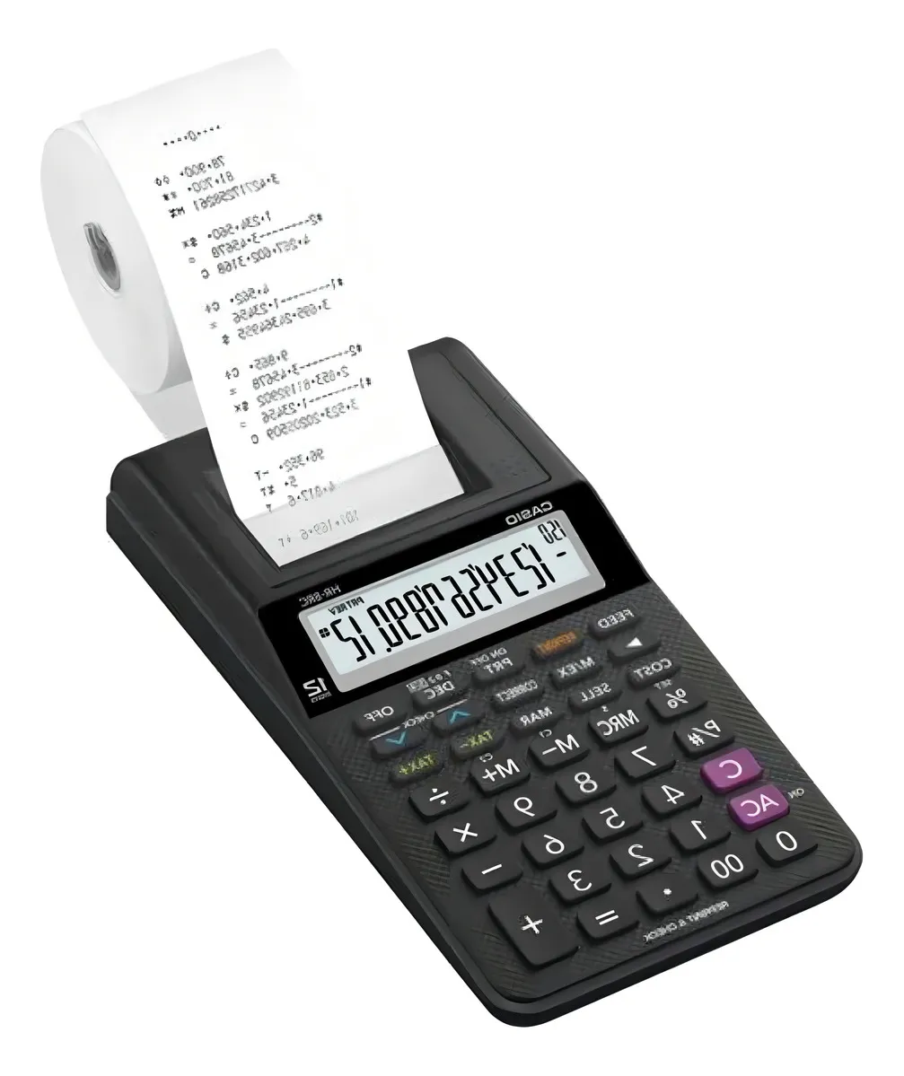 Calculadora de mesa preta com bobina de impressão branca e teclas roxas, exibindo números.