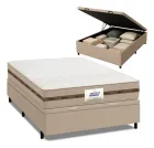 Cama Box Baú Casal bege com colchão Gazin branco e baú aberto