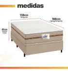 Cama Box Casal bege, colchão com etiqueta Flora e base.