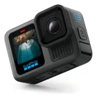 GoPro Hero 13 Black preta, tela ligada exibindo cachoeira e logo azul.