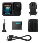 GoPro Hero 13 Black, câmera preta com tela subaquática, bateria, cabo e acessórios.