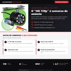 Infográfico editorial Achadinho: câmera de ré automotiva com 8 LEDs infravermelhos, ângulo 170°, resistência IP67 e instalação 2 em 1, com painel de alerta sobre o sensor real de 420 linhas.