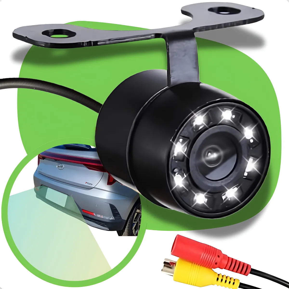 Câmera de Ré Automotiva preta com 8 LEDs brancos e conectores RCA.