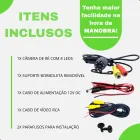 Câmera de Ré preta com 8 LEDs, suporte, cabos e parafusos.