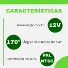 Câmera de Ré: características em fundo branco com texto preto e círculos verdes
