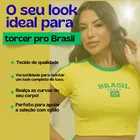 Camiseta Baby Look Brasil amarela cropped com bordado, gola e mangas verdes.