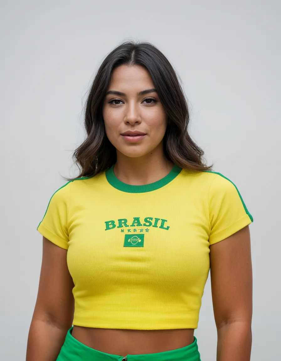 Mulher vestindo camiseta Baby Look Brasil amarela com bordado verde e detalhes.