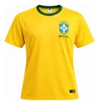 Camiseta Brasil amarela com gola verde e escudo da CBF no peito.