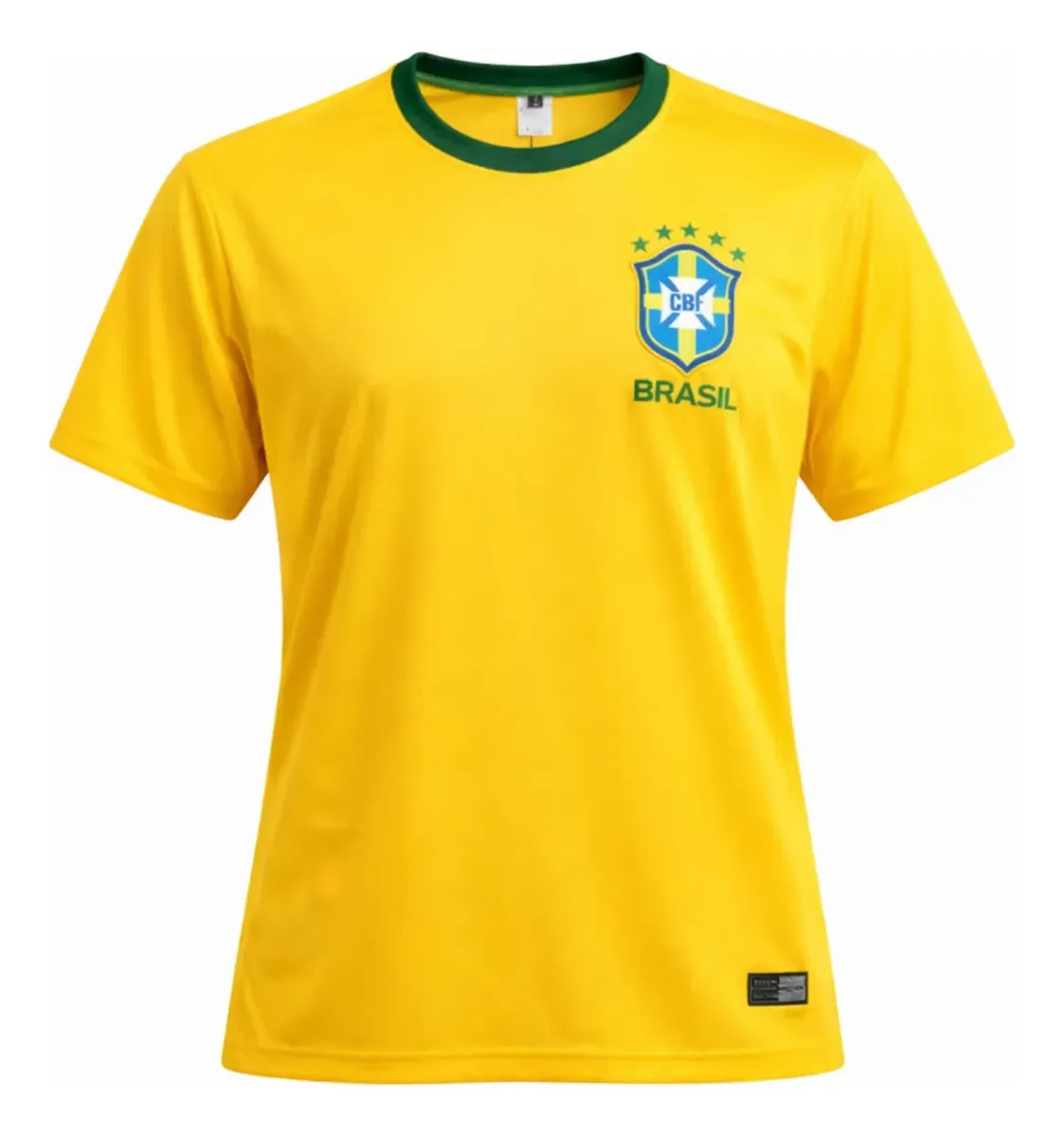 Camiseta Brasil amarela com gola verde e escudo da CBF no peito.