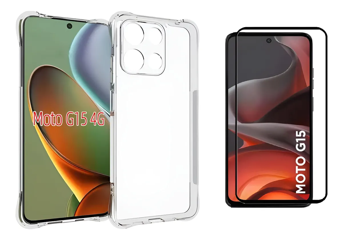 Duas capas transparentes anti-impacto e uma película de vidro preta para Moto G15.