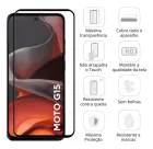 Película de vidro preta para Moto G15 aplicada em smartphone com ícones de características.