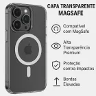 Capa Magnética Magsafe transparente em iPhone escuro, com anel e linha branca