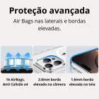 Capa Magsafe transparente com airbags azuis, bordas elevadas na câmera e tela.