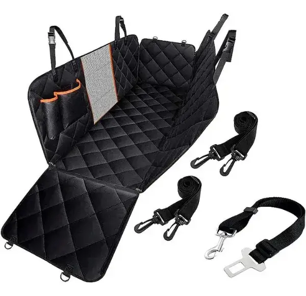 Capa de Proteção para Banco Traseiro Pets com Cinto versátil 4x1 - Preto com Borda Laranja