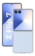 Capa transparente Z Flip 7, uma aberta com tela e outra dobrada com câmeras.