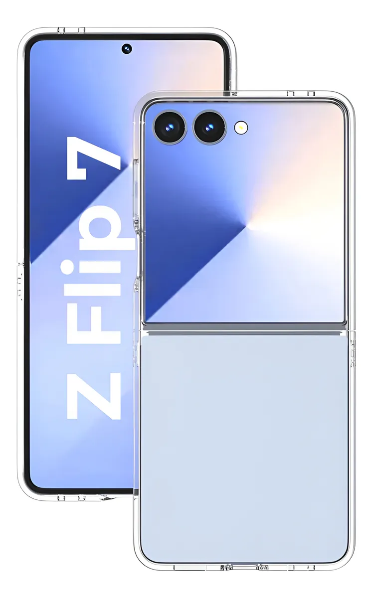 Capa transparente Z Flip 7, uma aberta com tela e outra dobrada com câmeras.