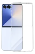 Capa transparente para Z Flip 7 com celular azul e duas câmeras.