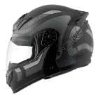 Capacete Mixs Gladiator preto, grafismos cinzas, viseira transparente.