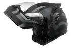 Capacete Mixs Gladiator preto com frente levantada, grafismos cinzas e viseira transparente.