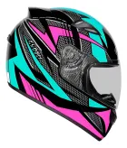 Capacete moto preto com estampa geométrica rosa, azul-turquesa e detalhes colmeia.
