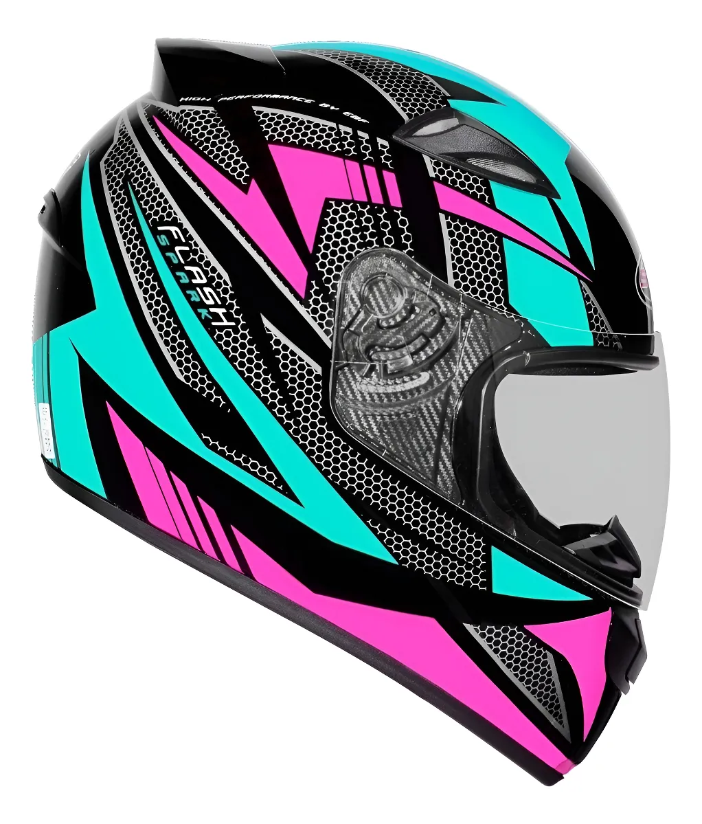 Capacete moto preto com estampa geométrica rosa, azul-turquesa e detalhes colmeia.