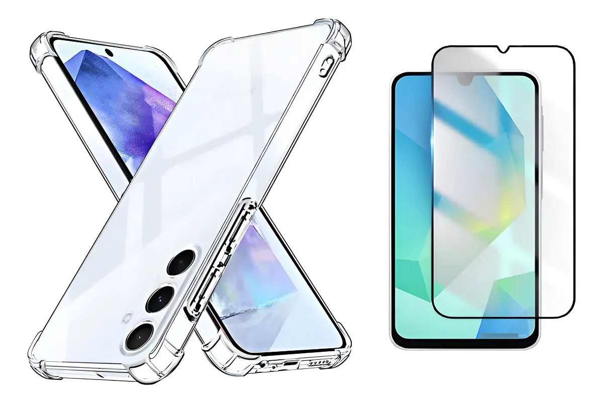 Duas capinhas anti shock transparentes e duas películas 3D claras.