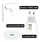 Carregador Fonte Apple USB-C 20W branco, tomada BR, conector e caixa.